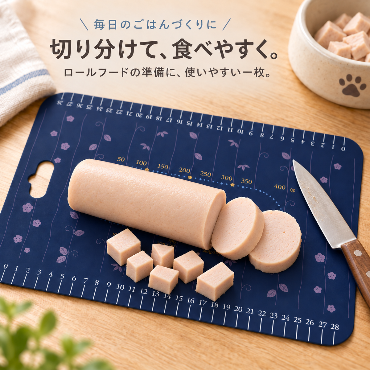 オリジナルカッティングボード｜ロールフードの切り分けに便利な目盛り付き